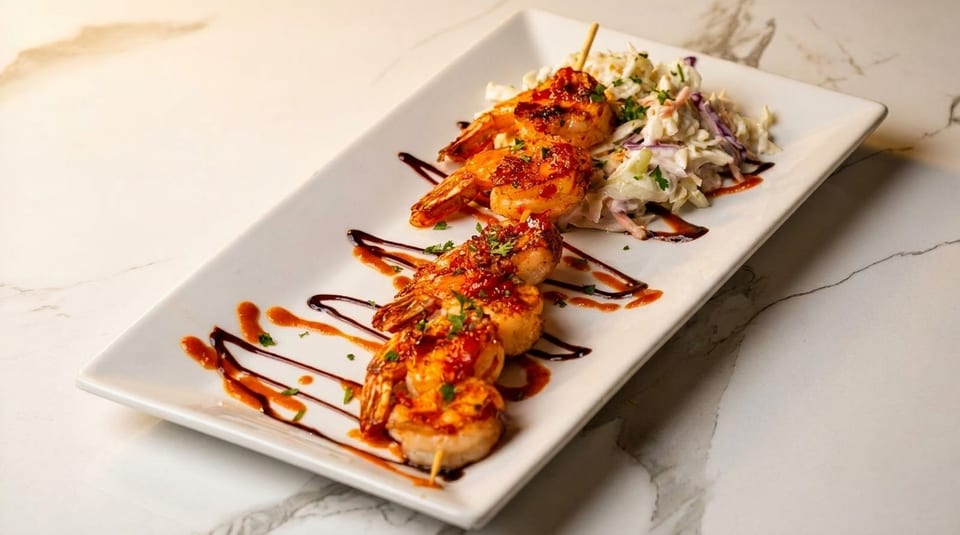 Grilled shrimp skewers with sauce and coleslaw on a white rectangular plate.