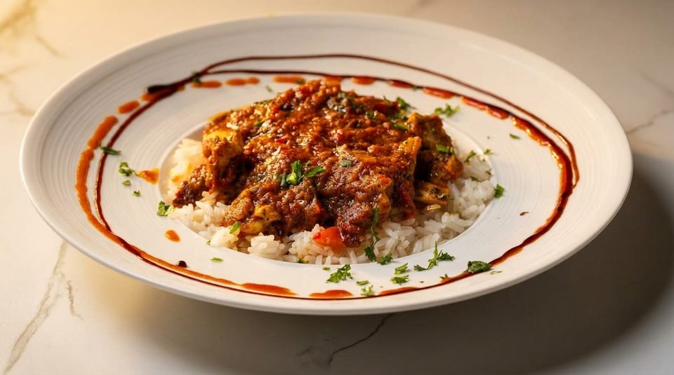 A white plate holds a serving of chicken curry over white rice, garnished with parsley and sauce.